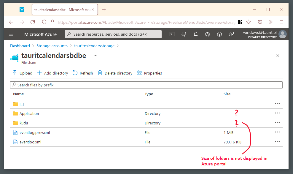 Azure Storage Account file share. Screenshot from the Azure Portal showing that a total size of folder is not displayed.