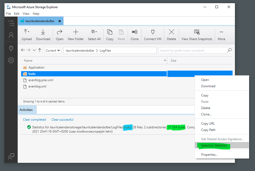 Calculating Azure Storage File Share total folder size using Azure Storage Explorer.