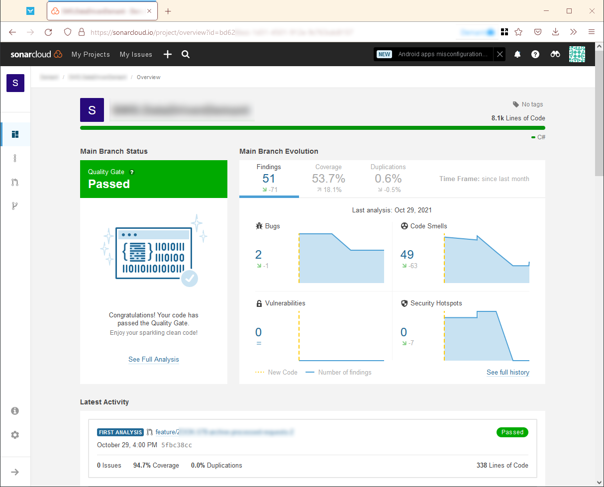 Screenshot of SonarCloud. SonarCloud is a web-based dashboard showing various code quality metrics collected by SonarAnalyzer.