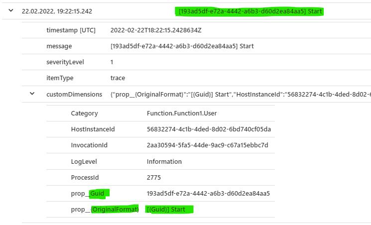 A screenshot from Application Insight Logs UI in the Azure Portal. It shows a log entry when structured logging is used in the C# code.