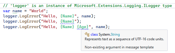 A screenshot showing a fragment of C# code using structured logging. Visual Studio highlights typical errors.