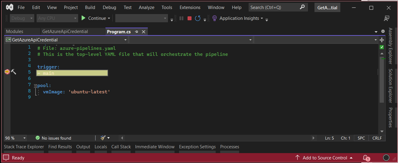 Debugging Azure DevPos pipeline in Visual Studio: a concept. In reality, this is not possible.