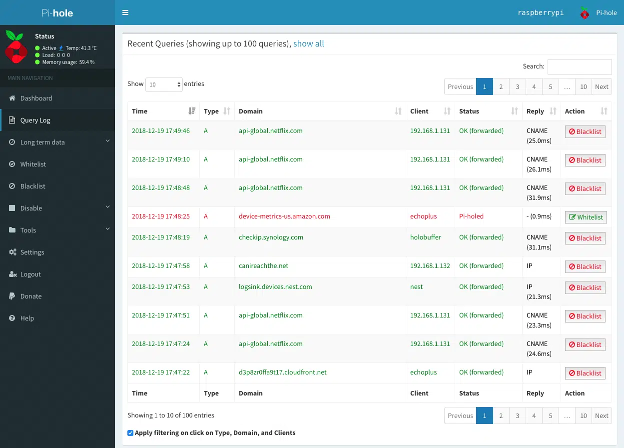A screenshot of the Pi-Hole web interface