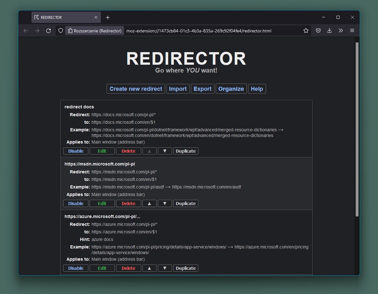 Example of a Redirector addon configuration that always redirects you to the documentation in English