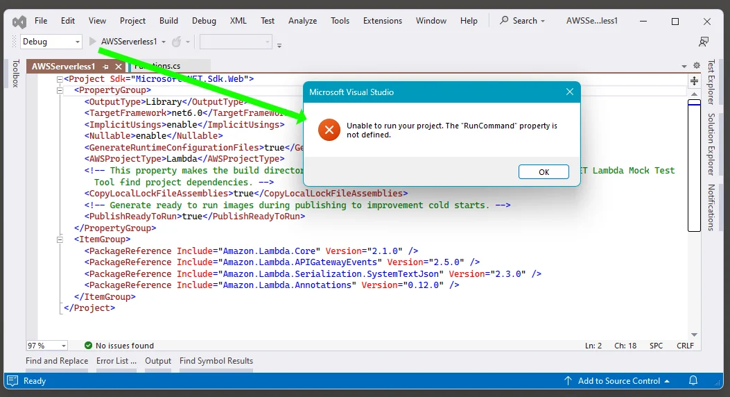 An error message displayed when you attempt to start an AWS Serverless project created from a template in Visual Studio.
