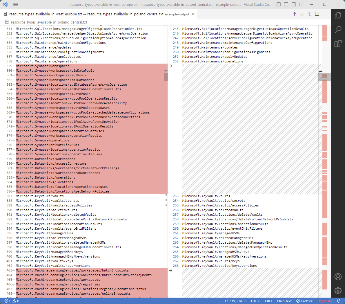 A screenshot of Visual Studio Code showing the difference between lists of available resource types in two Azure regions.