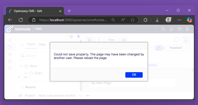 Screenshot showing error message in the Optimizely CMS admin panel
