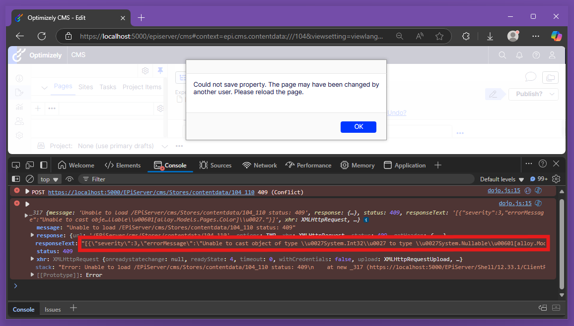 Edge browser showing error mesage received from the backend in the developer console